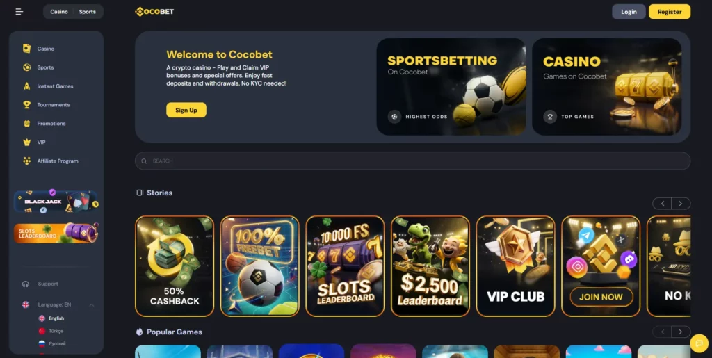 CocoBet crypto casino interface with game grid and deposit options