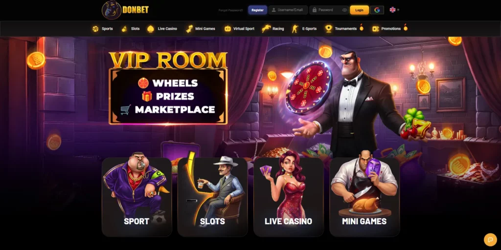 DonBet casino and sportsbook interface with themed navigation