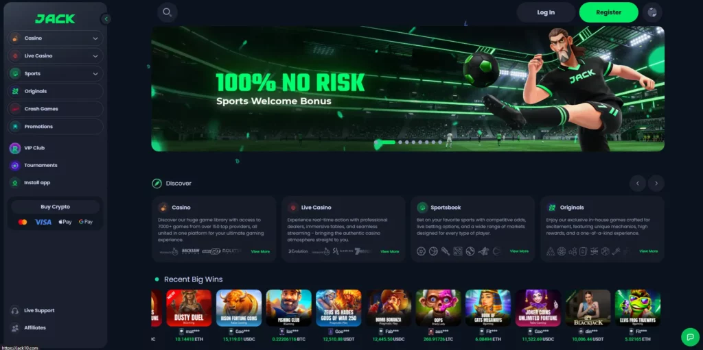 JACK casino interface displaying the lobby and navigation menu